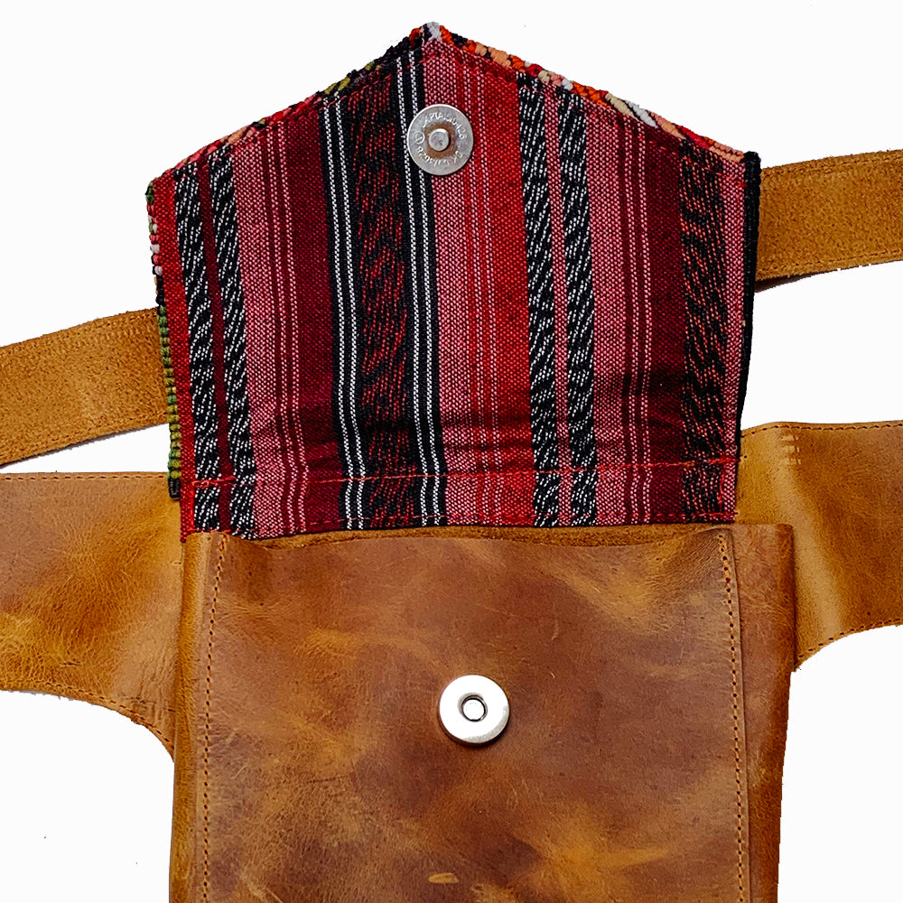 Orange Floral Embroidery Vintage Huipil Fabric & Leather Hip Pouch