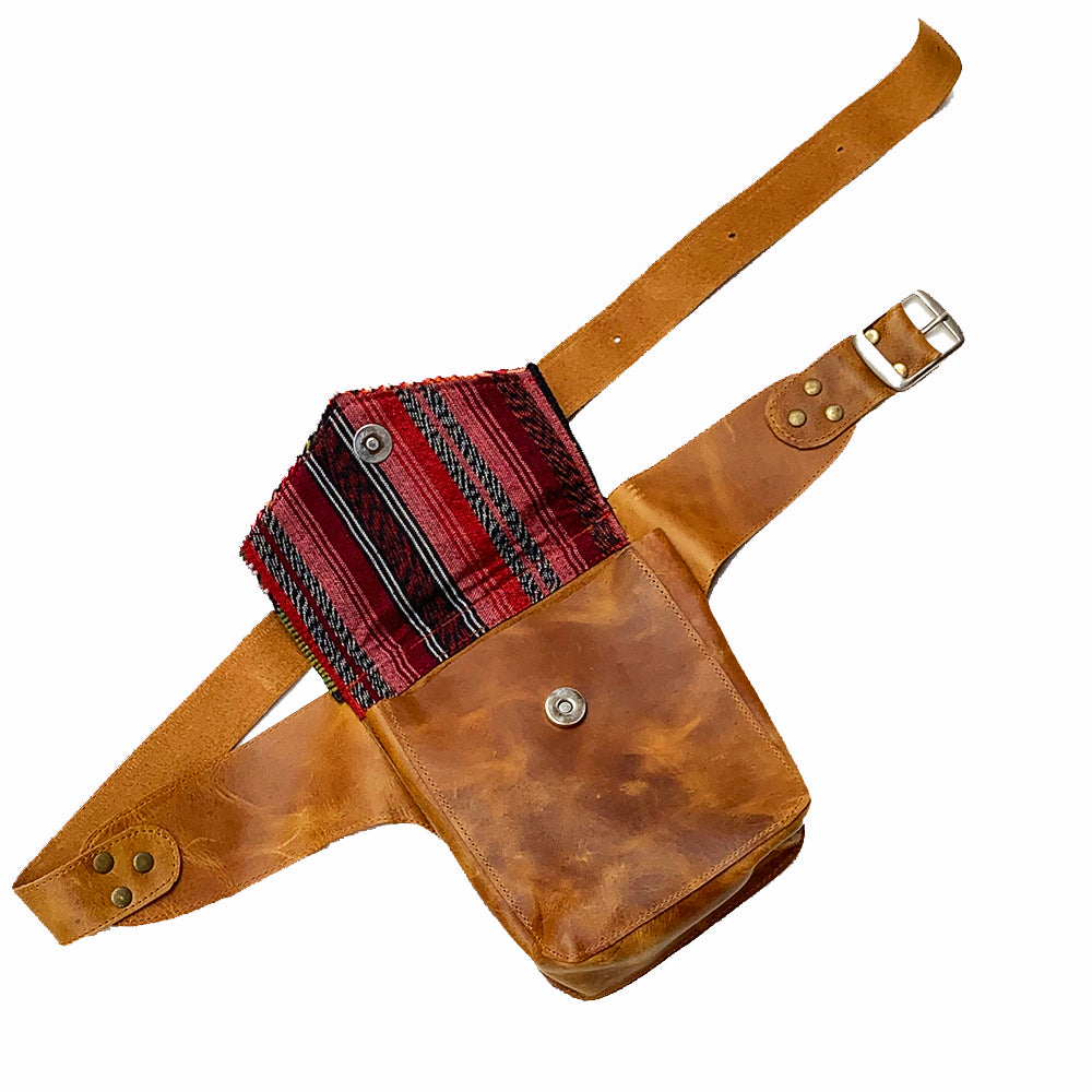 Rainbow Geometric Vintage Huipil Fabric & Leather Hip Pouch
