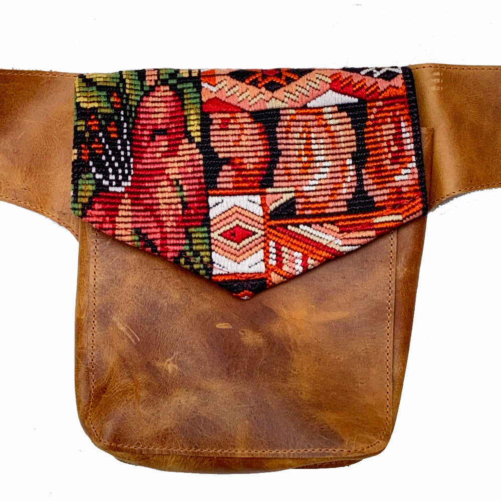 Orange Floral Embroidery Vintage Huipil Fabric & Leather Hip Pouch