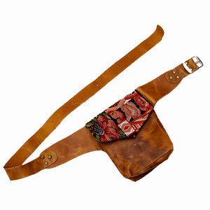 Orange Floral Embroidery Vintage Huipil Fabric & Leather Hip Pouch