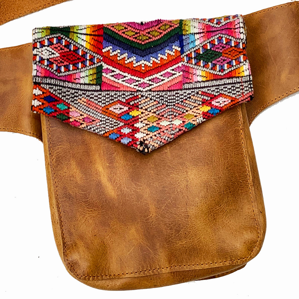 Rainbow Geometric Vintage Huipil Fabric & Leather Hip Pouch