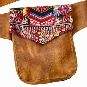 Rainbow Geometric Vintage Huipil Fabric & Leather Hip Pouch