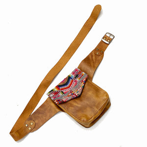 Rainbow Geometric Vintage Huipil Fabric & Leather Hip Pouch