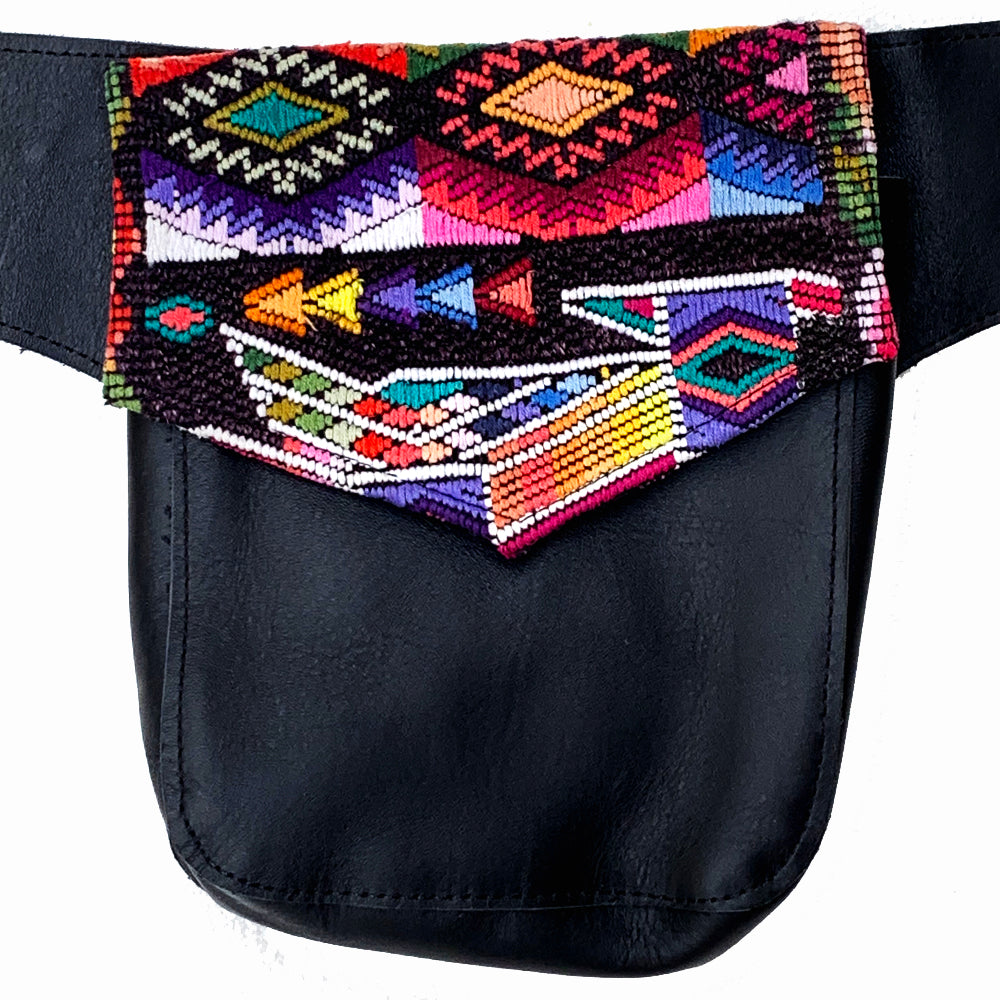 Vintage Huipil Textile & Black Leather Single Hip Pouch