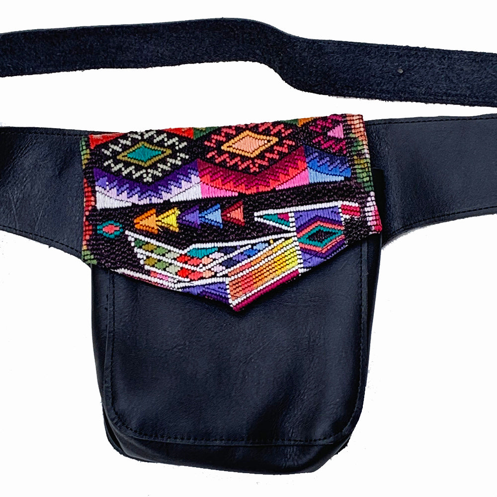 Vintage Huipil Textile & Black Leather Single Hip Pouch