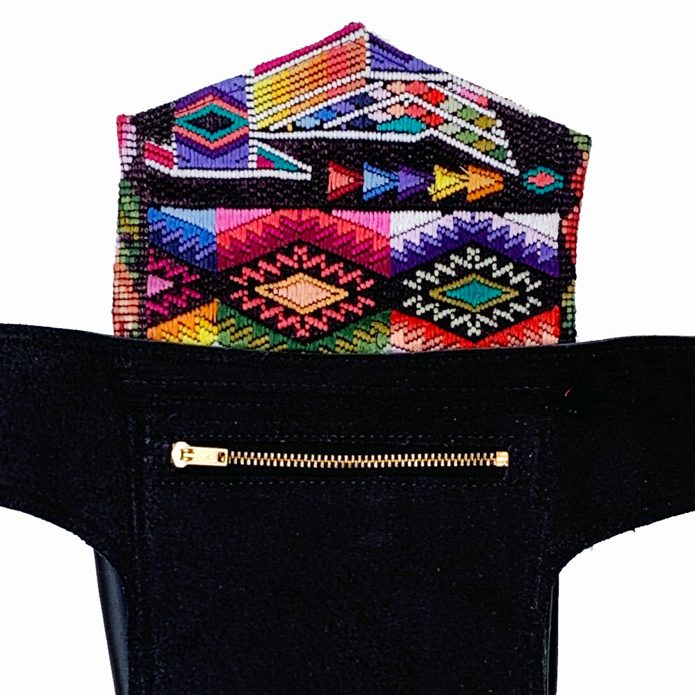 Vintage Huipil Textile & Black Leather Single Hip Pouch
