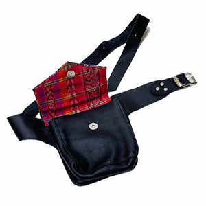 Vintage Huipil Textile & Black Leather Single Hip Pouch