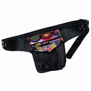Vintage Huipil Textile & Black Leather Single Hip Pouch
