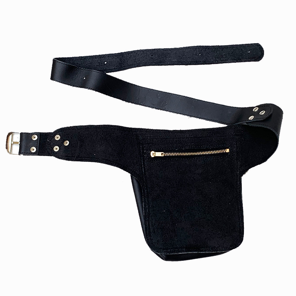Vintage Huipil Textile & Black Leather Single Hip Pouch