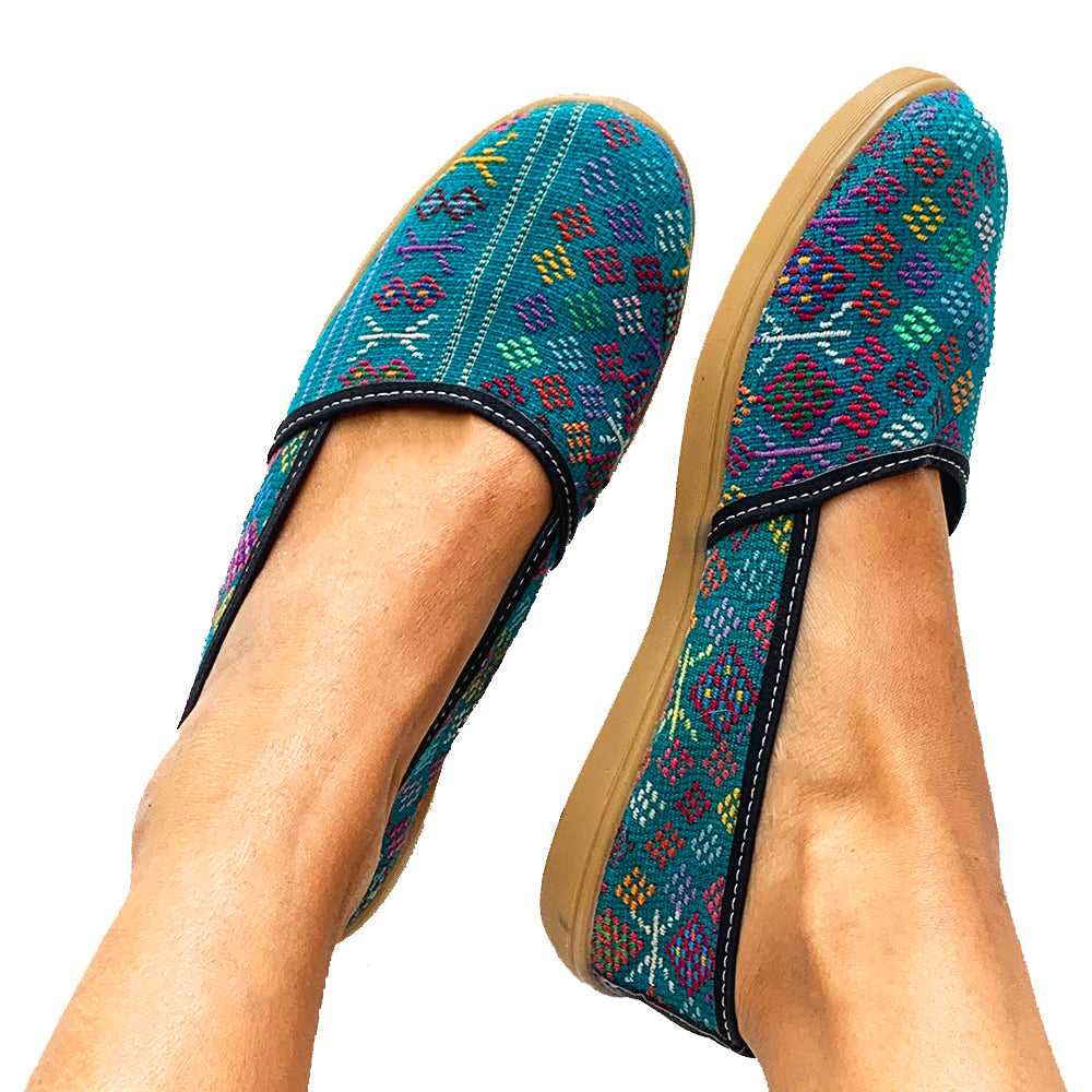 Teal Green Huipil Slip On Shoes