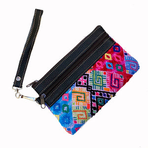 Vintage Huipil Fabric & Leather Clutch with Removable Wrist Strap