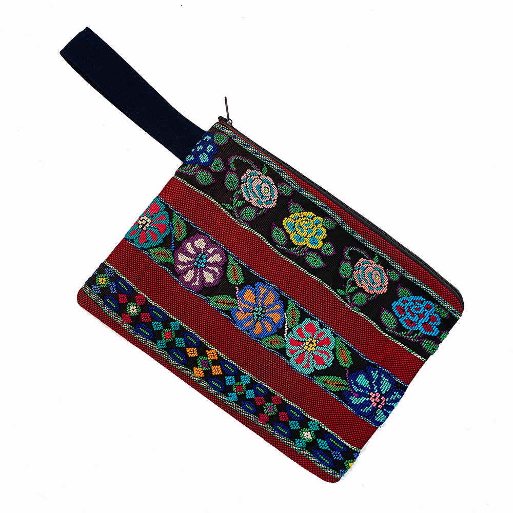 Large Floral Huipil Fabric Everything Bag with Wrist Strap Size 12" by 9"