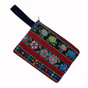 Large Floral Huipil Fabric Everything Bag with Wrist Strap Size 12" by 9"